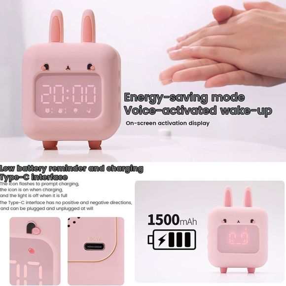 Pink Light Up Smart Rabbit Ears LED  Music Alarm Clock,Multi-Functional For Kids - Picture 11 of 16